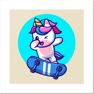 Cute Unicorn Playing Skateboard And Dabbing Cartoon Posters and Art